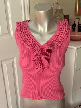 Vintage F.L. Malik 90s Pink Ribbed Ruffle Neckline Sleeveless Knit Top